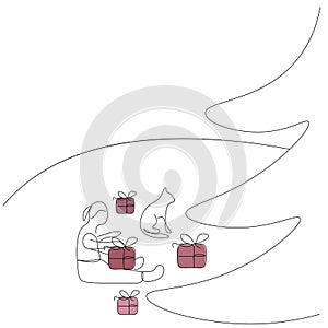 Christmas tree with cute child with present box and cat line drawing vector illustration