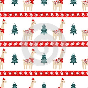 Christmas tree and cute lama with xmas hat seamless pattern.