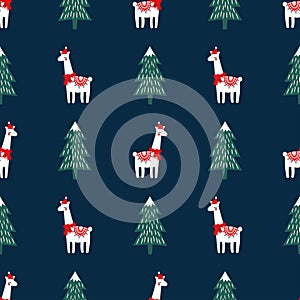Christmas tree and cute lama with xmas hat seamless pattern on dark blue background.
