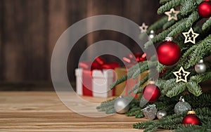 Christmas tree with dark wooden wall copy-space