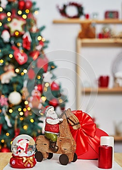 Christmas tree decor background. Merry christmas greeting card. Happy New Year! Christmas home room with tree and festive bokeh