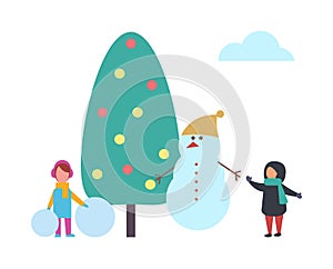 Christmas Tree and Kids with Balls Snowman Vector