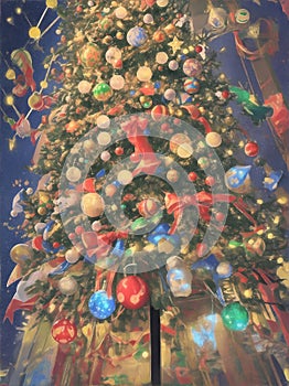 A Christmas tree decorated with colorful lights and ornaments