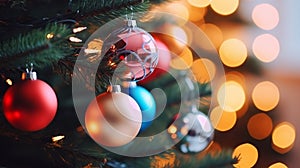 Christmas tree decorated is festively decorated with vintage colorful balls, garlands and toys close up