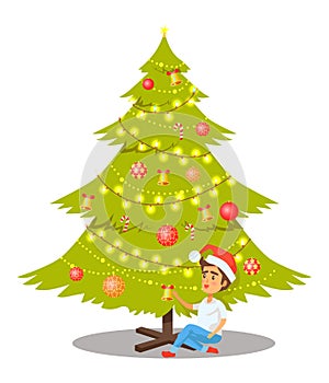 Christmas Tree and Sitting Boy Vector Illustration