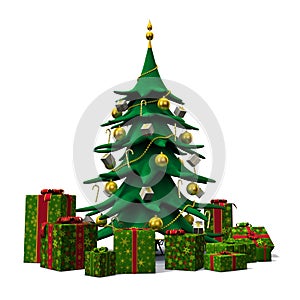 Christmas tree decorated gold with green presents