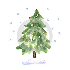Christmas tree decorated with golden stars garland hand painted watercolor illustration