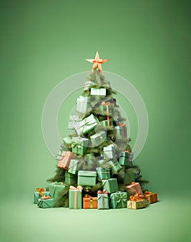 Christmas tree decorated with green gift boxes.