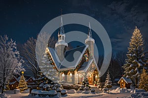 Christmas tree and decorated houses in winter background with snow and blurred bokeh.