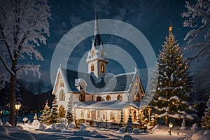 Christmas tree and decorated houses in winter background with snow and blurred bokeh.