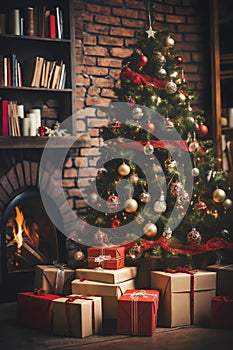 Christmas tree decorated for New Year\'s holiday, with gifts and balls, living room interior, winter season