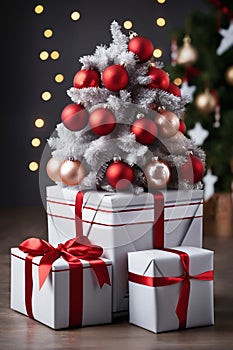 Christmas tree decorated for New Year\'s holiday in living room interior, with gifts and balls, winter season