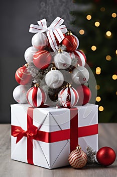 Christmas tree decorated for New Year\'s holiday in living room interior, with gifts and balls, winter season