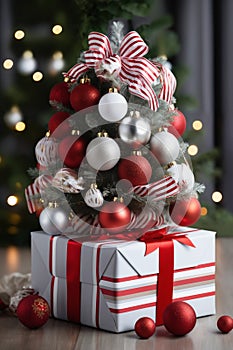 Christmas tree decorated for New Year\'s holiday in living room interior, with gifts and balls, winter season