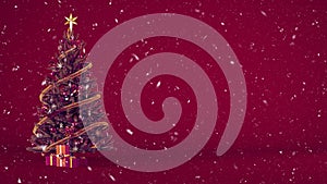 Christmas tree decorated with present boxes on a burgundy background with snow and copy space.