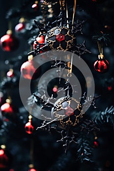 a christmas tree decorated with red and black ornaments