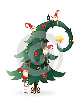 Christmas tree decorated with Scandinavian Gnomes who climb all over tree - transparent background