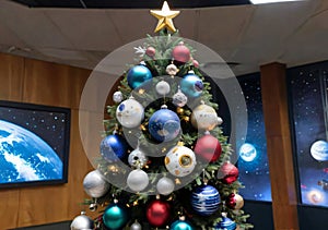 A Christmas Tree Decorated With Space-Themed Ornaments, In A Science Center. Generative AI