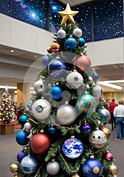 A Christmas Tree Decorated With Space-Themed Ornaments, In A Science Center. Generative AI