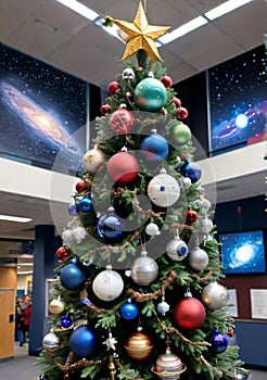 A Christmas Tree Decorated With Space-Themed Ornaments, In A Science Center. Generative AI