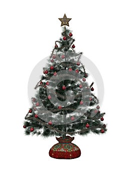 Christmas tree decorated with tinsel, baubels and a star on top. Isolated 3D rendering