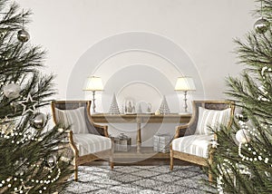 Christmas tree decorated with toys in modern scandinavian interior living room. Mockup white wall. Farmhouse style 3d