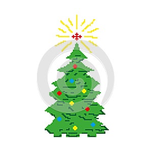 Christmas tree decorated with toys and a star, a fir tree painted with squares, pixels. Greeting card. Vector illustration