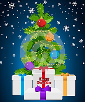Christmas tree decorated with toys and text Happy New Year. Vector illustration