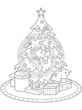 Christmas tree, decorated with toys, toys under the tree. Isolated object, raster illustration.