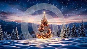 Christmas tree decorated with twinkling lights in a winter snowy forest with mountains in the background