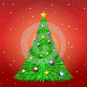 Christmas tree with decoration ball and star on red background with snow