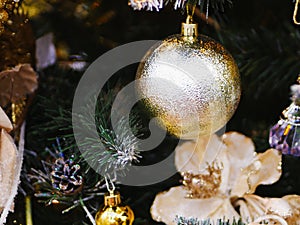 Christmas tree decoration close-up. Christmas and New Year decorate the interior with gifts and a Christmas tree. Xmas holyday