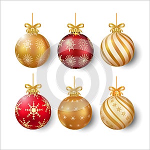 Christmas tree decoration elements with luxurious red and golden color and golden ribbon. 3D ball design with snowflake and stirp