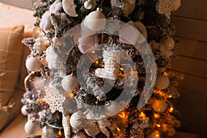Christmas tree decoration. Holidays concept. Cosy room with eco decor.