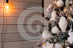 Christmas tree decoration. Holidays concept. Cosy room with eco decor. Copy space