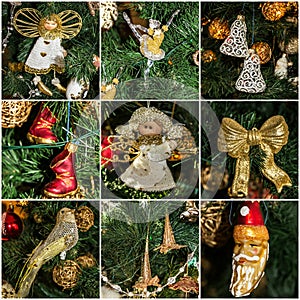 Christmas tree decoration, New Year collage