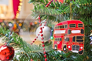 Christmas tree decoration with a red double-decker London bus