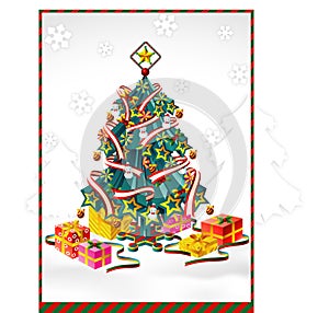 Christmas tree decoration with red ribbon bows, snowman and presents. Concept Merry Christmas. Cartoon flat design Vector.