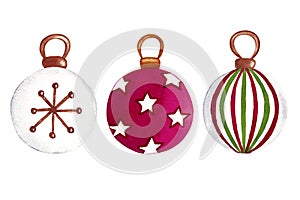 Christmas tree decoration. Set of traditional winter ornaments. Hand painted watercolor illustration on white background