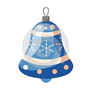 Christmas tree decoration in a shape of bell. New Year toy in cartoon style. Vector illustration isolated on a white