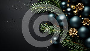Christmas tree decoration with shiny gold ornaments and snowflakes generated by AI
