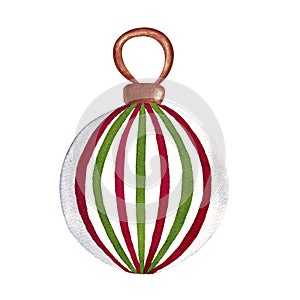 Christmas tree decoration. White ball with red and green stripes. Hand painted watercolor illustration