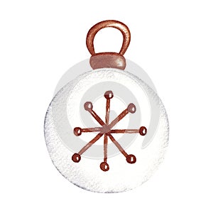 Christmas tree decoration. White ball with snowflake. Traditional ornament. Hand painted watercolor illustration