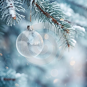 Christmas tree decoration . White transparent Christmas ball. Christmas card. Selective focus, closeup