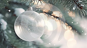 Christmas tree decoration . White transparent Christmas ball. Christmas card. Selective focus, closeup