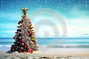 Christmas tree and decorations on the beach on a bright starry night Happy New Year and Merry Christmas holidays travel