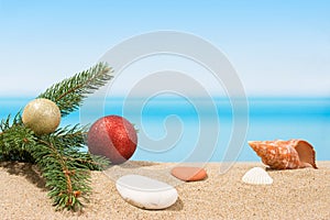 Christmas tree decorations on the beach in tropical. Concept of new year holiday in hot countries