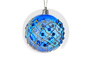 Christmas-tree decorations - the blue ball with golden ornament. Isolated on white background