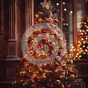 Christmas tree decorations blurred lights background