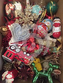 Christmas tree decorations in a box portrait